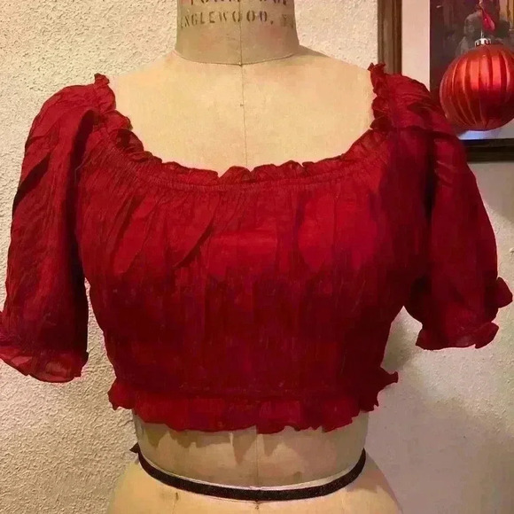 Dark Red Square Neck Ruffled Lantern Sleeve Cropped Top NWT Size L - Picture 2 of 10